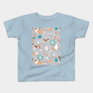 Catching ice and sweetness // pattern // pastel blue background gingerbread white brown grey and dogs and snowflakes turquoise details Kids T-Shirt